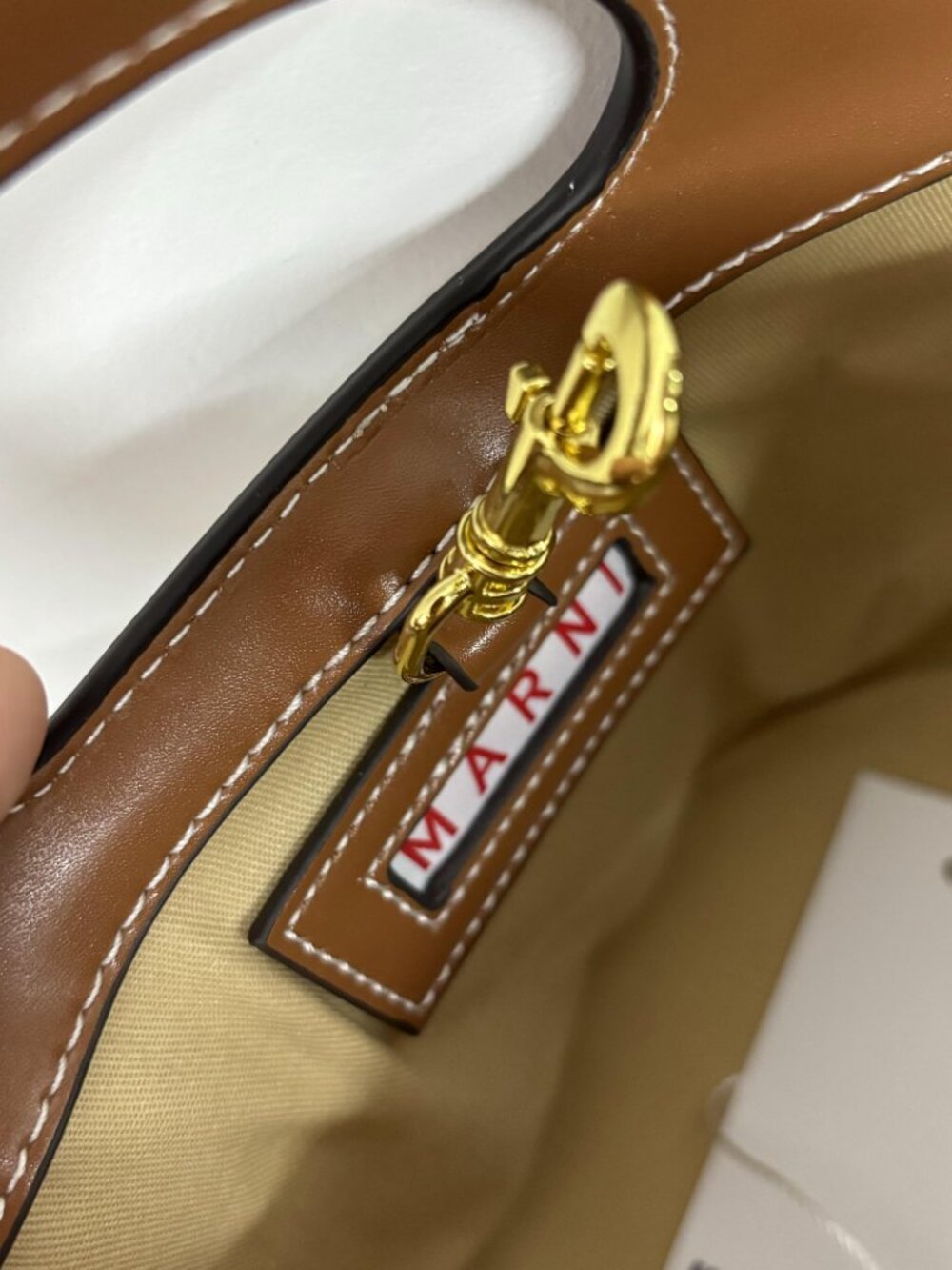 🤍Marni White Stripe Canvas Mini Basket Bag Brown Leather Crossbody Handbag - Picture 5 of 6